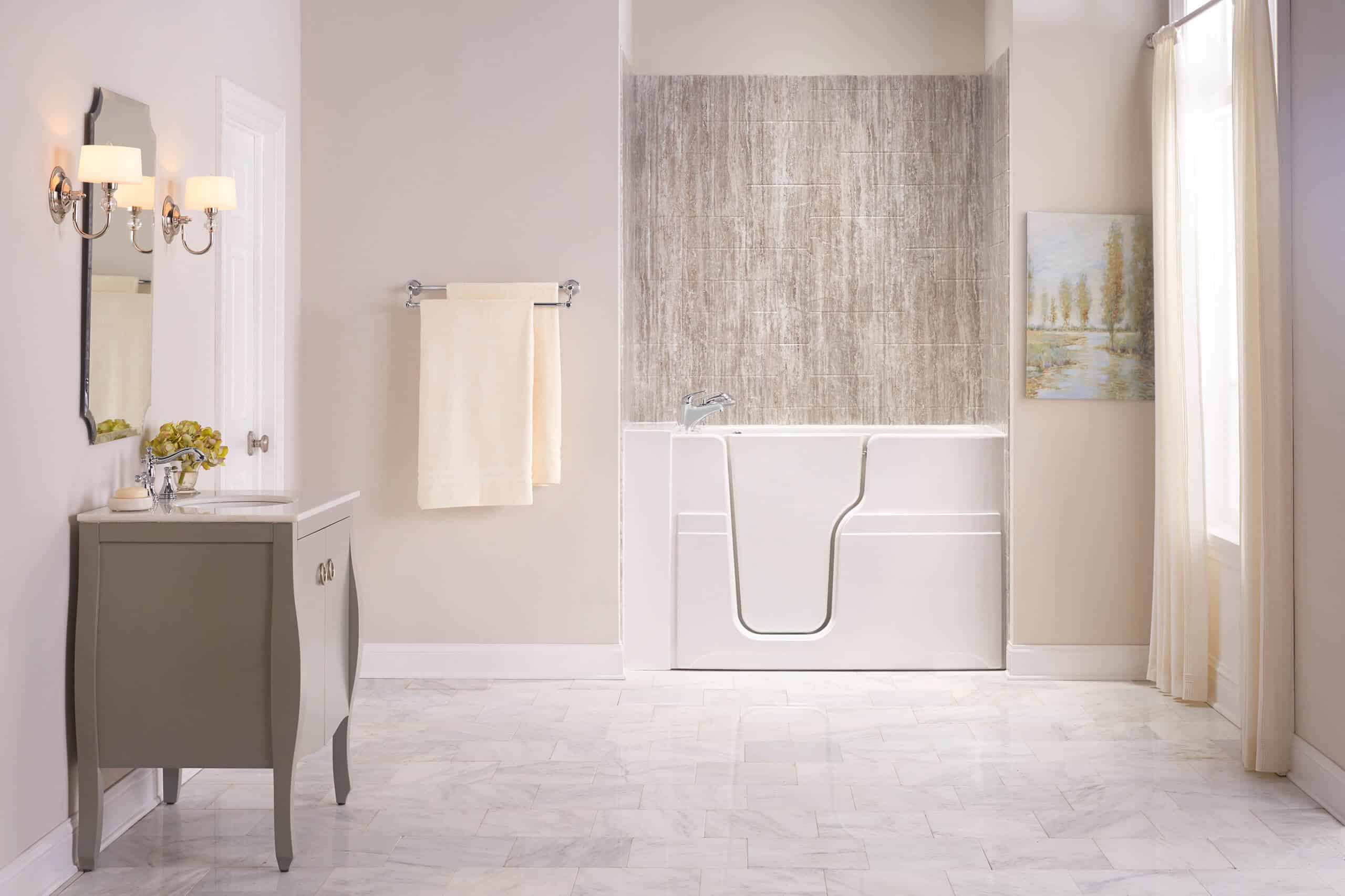 A bathroom with a walkintub.