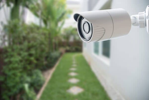 A close-up shot of a white CCTV security camera on the side of a home. The grassy walkway leading into the back is blurred.