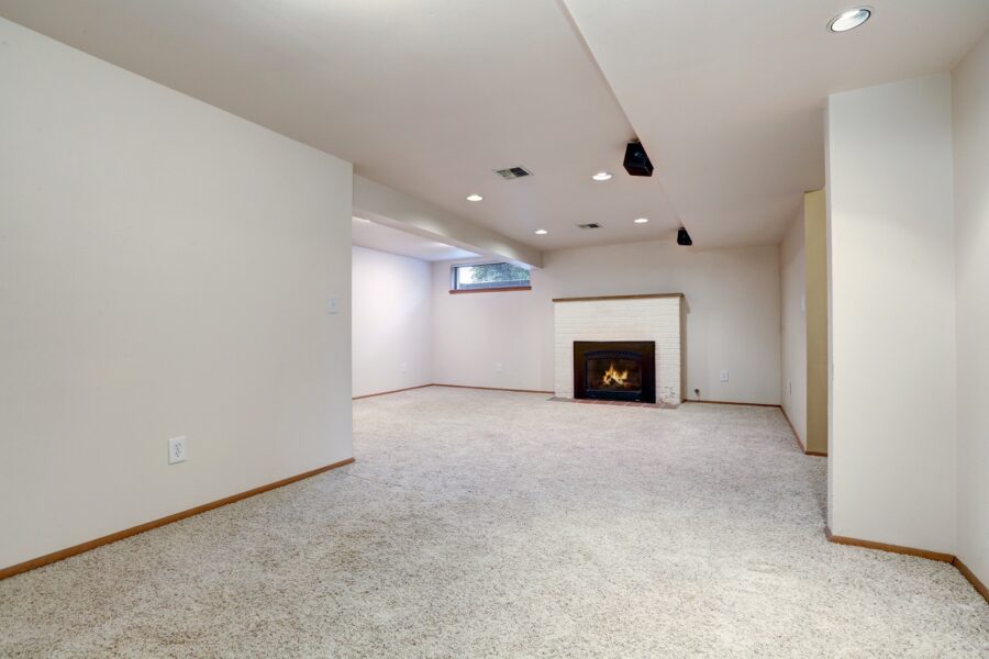 An empty, spacious room with white walls, brown trim, and grey carpeting with a black fireplace on the other side of the room.