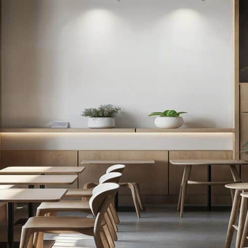 home improvement contractors Modern built-in seating and a wooden counter with matching bar stools. The room is decorated with indoor plants.