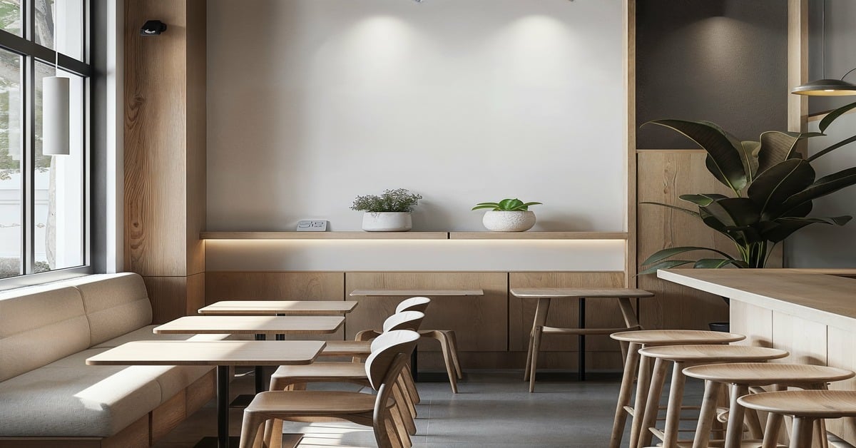 Modern built-in seating and a wooden counter with matching bar stools. The room is decorated with indoor plants.
