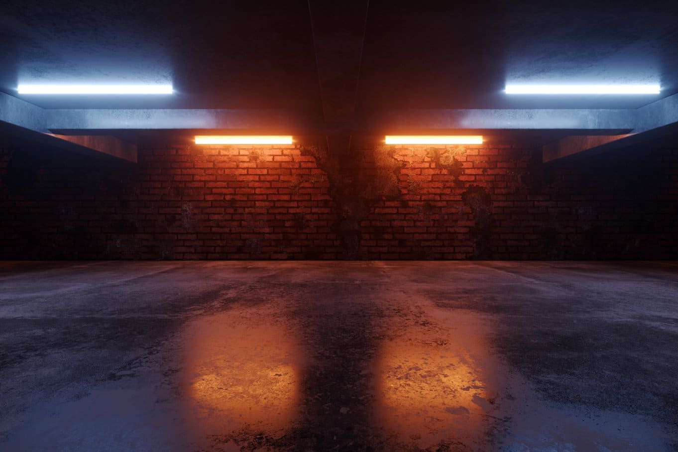 A garage with gleaming black flooring and soft, LED mood lighting that cascades on the floor and brick walls.