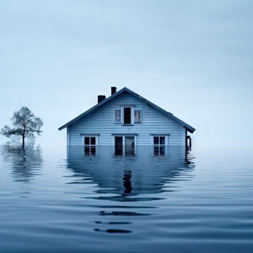 home improvement contractors A house partially submerged during a flood, with the water up to the windows. The trees behind it are also submerged.