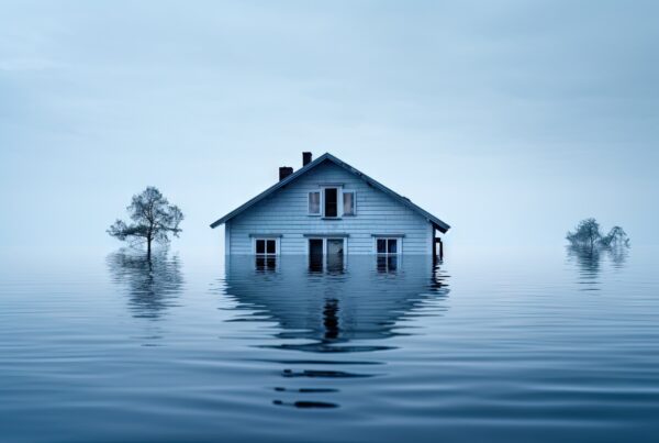 A house partially submerged during a flood, with the water up to the windows. The trees behind it are also submerged.