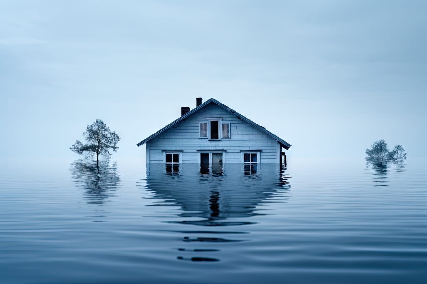 A house partially submerged during a flood, with the water up to the windows. The trees behind it are also submerged.