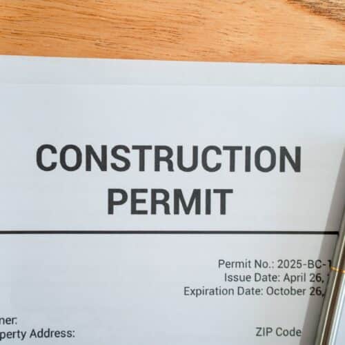home improvement contractors A close-up of a white document with "CONSTRUCTION PERMIT" printed at the top with a silver pen on the paper.