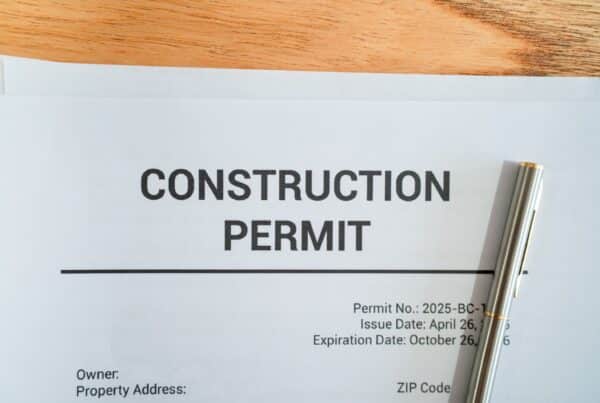 A close-up of a white document with "CONSTRUCTION PERMIT" printed at the top with a silver pen on the paper.