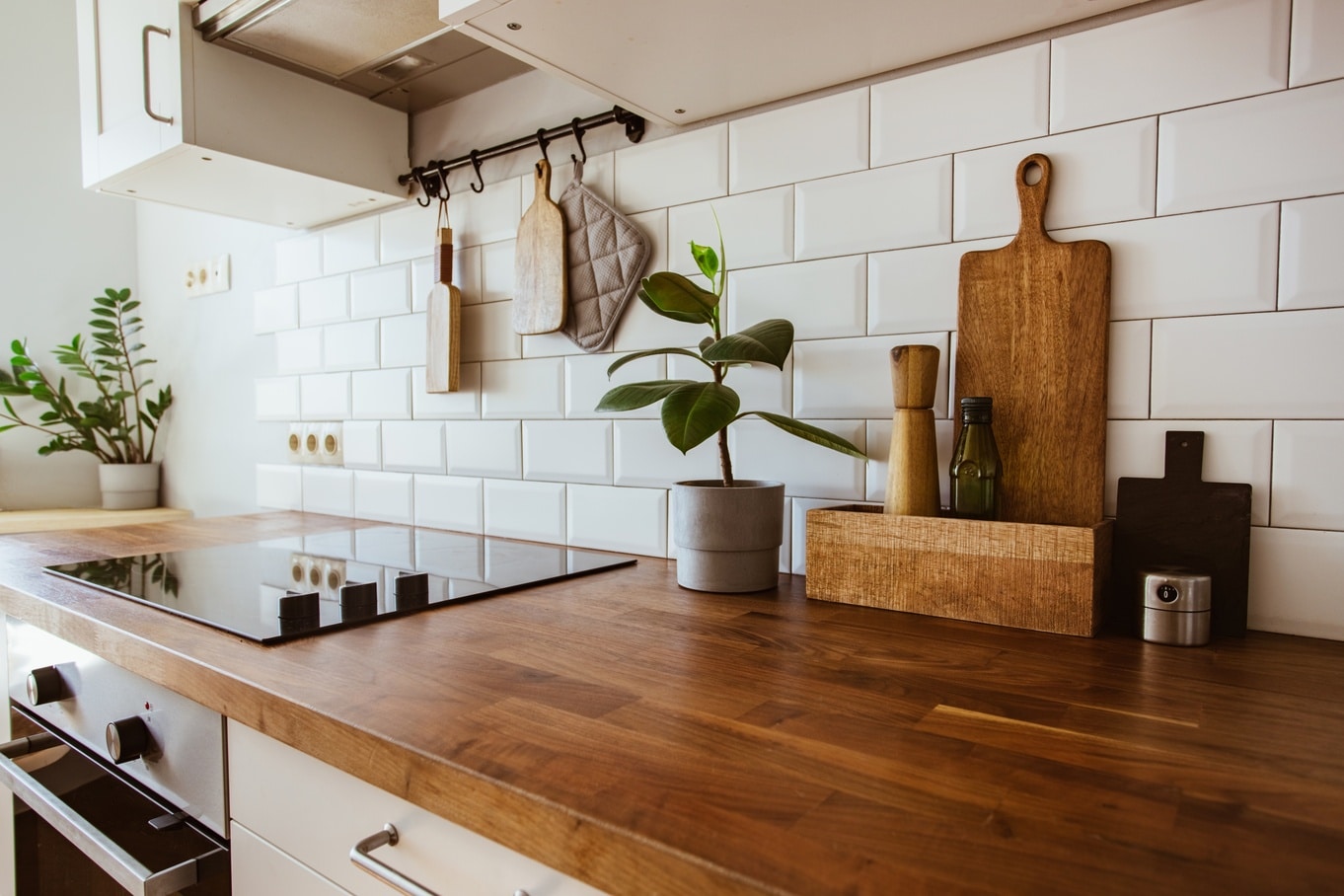 A wooden kitchen countertop with a stovetop on the left. A potted plant, a chopping board, and spices sit on the counter.