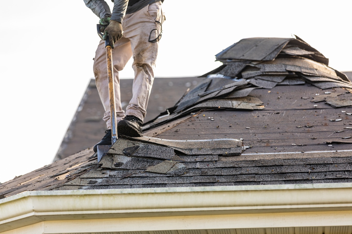 A man stands on the roof of a house and removes shingles with a tool held by its handle, piling them up behind him.