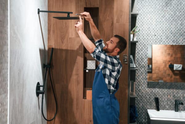 A man with a beard, wearing overalls, is repairing a square, matte-black showerhead in a modern bathroom with wooden accents.