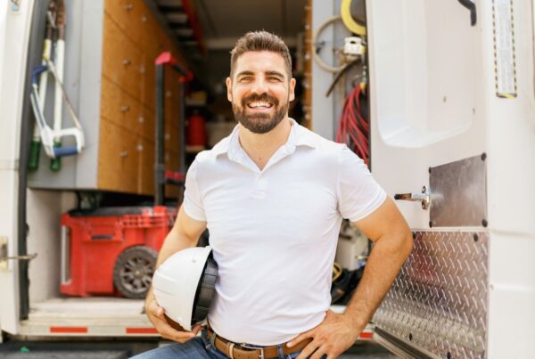 A smiling man wearing a white polo shirt has a hand on his hip and holds a white hardhat while standing in front of an open vehicle that has a variety of tools inside.