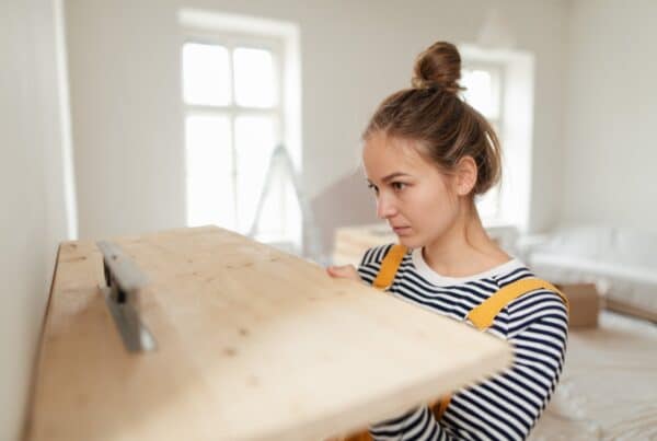 A woman with her hair in a bun looks intently at a wooden shelf she is holding up to a wall. It has a level balanced on it.