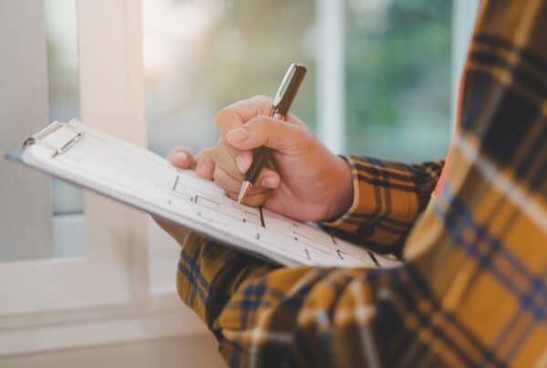 A person wearing a flannel stands in front of a window and uses a pen to write on a clipboard containing house blueprints.