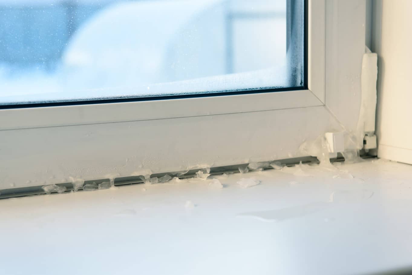 Close-up of a frosted window frame and sill with visible ice buildup, highlighting insulation issues in cold weather.