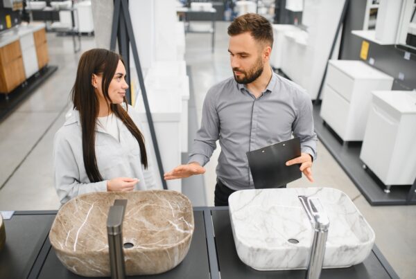 Two people standing in a showroom looking at bathroom sinks and faucets displayed on countertops inside a store.