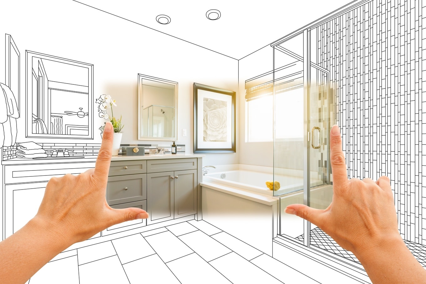 Hands frame a bathroom remodel rendering with a vanity, a tub, and a glass shower in a bright design sketch.