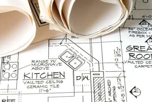 Close-up of rolled blueprints over a residential floor plan labeled kitchen, with appliance locations and measurements.