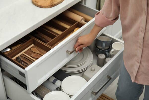 A man is standing by an open drawer. Inside the drawer is plates and other kitchen utensils.